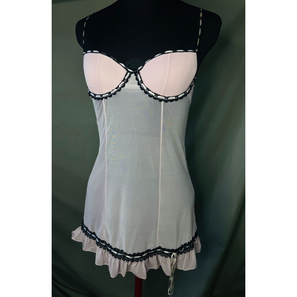 Y2K 2000s Vintage Rampage Lingerie Pastel Pink Black Mesh Ruffle Babydoll SM EUC